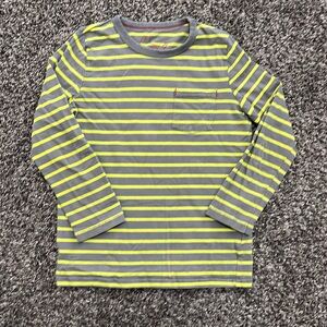 Boys long sleeve tee, comfy with grey & electric yellow stripes, red accent